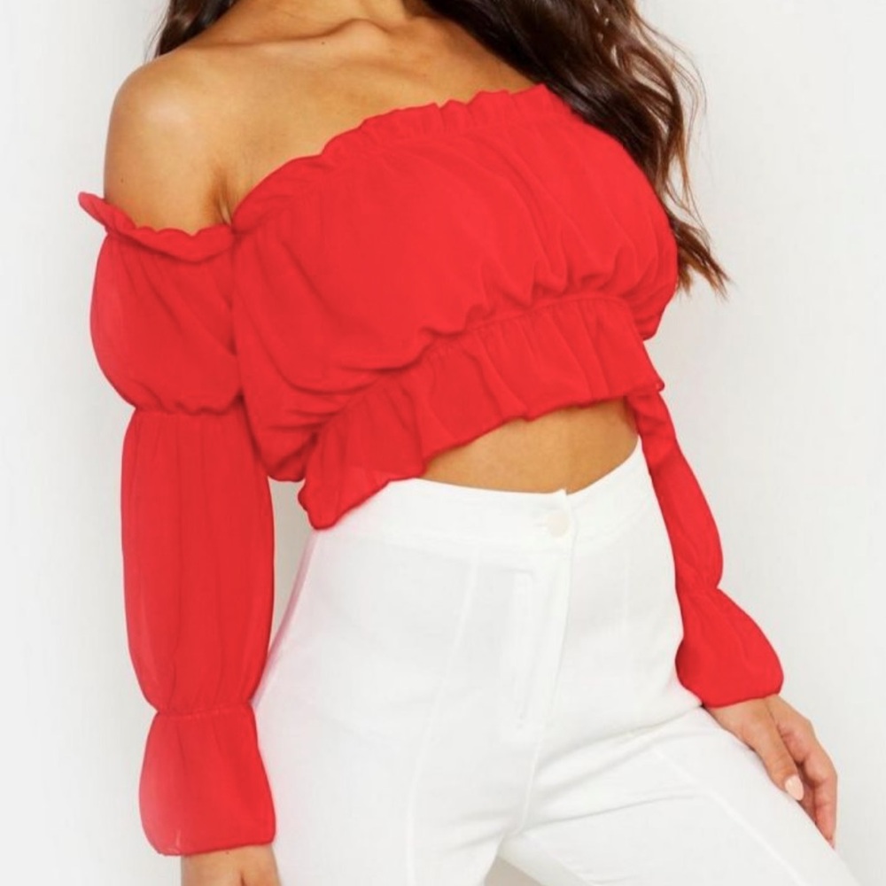 Boohoo red ruched off shoulder cropped top